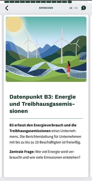 Illustration einer Landschaft mit Windrädern, Solarpanelen, Bergen und einer stehenden Person in rotem Kleid