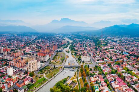 Vladikavkaz aerial panoramic view. Vladikavkaz is the capital city of the Republic of North Ossetia-Alania in Russia