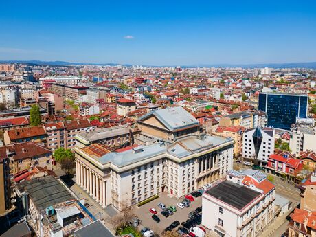 National Opera and Ballet of Bulgaria Theatre aerial panoramic view in Sofia. Sofia is the capital and largest city of Bulgaria