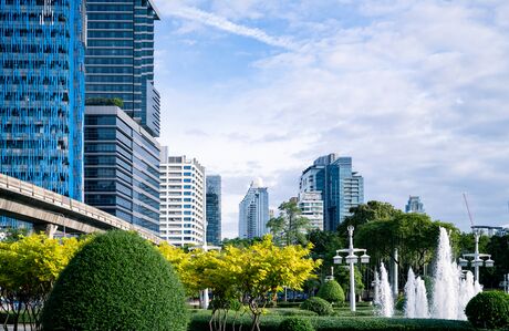 A city with tall office buildings and a central fountain. Sustainable cityscape surrounded by trees and bushes. Sustainable city design. Urban environment. Lush city park. Inside a green cityscape