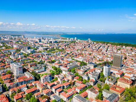 Burgas city centre aerial panoramic view. Burgas is the fourth largest city in Bulgaria