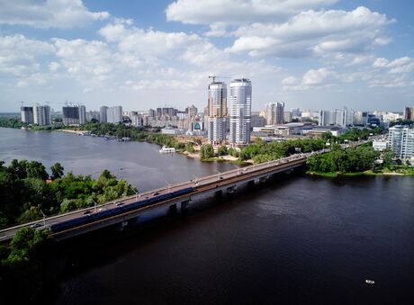 Aerial drone view of Dnipro river and Kyiv city